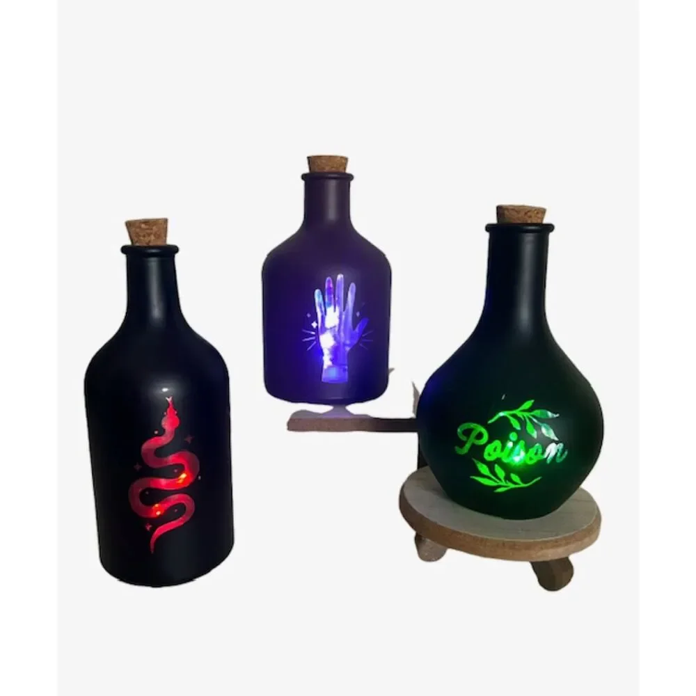 Target LED Color Changing Witch's Brew Potion Bottles 2 Black, 1 Purple NEW